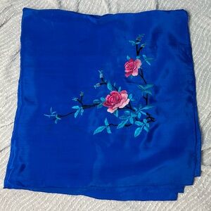 Vintage Wagon Blue Silk Scarf Pink Floral Embroidery Square Boho Cottagecore